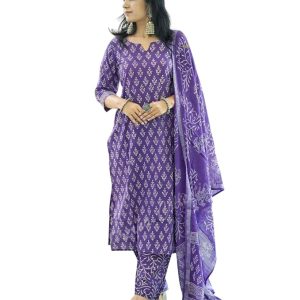 MEERA FAB Women's Cotton Printed Straight Kurta with Palazzo & Dupatta Set