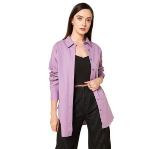HIGH STAR Women's Cotton Oversized Fit Solid Spread Collar Shirt